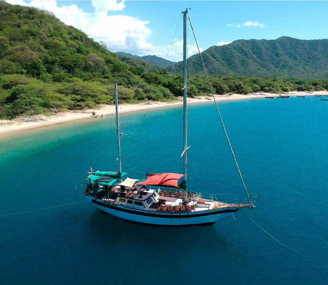 Panoramic view of Bahía Concha's crescent-shaped beach with turquoise calm waters, palm trees, and lush mountains in Tayrona Park
