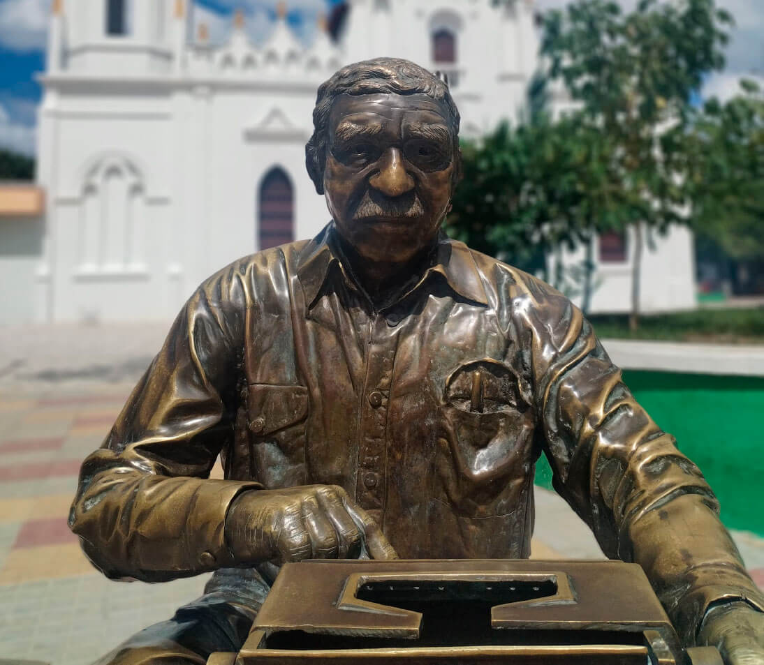 Historic monument in Aracataca town center showcasing traditional Caribbean architecture, Magdalena Colombia