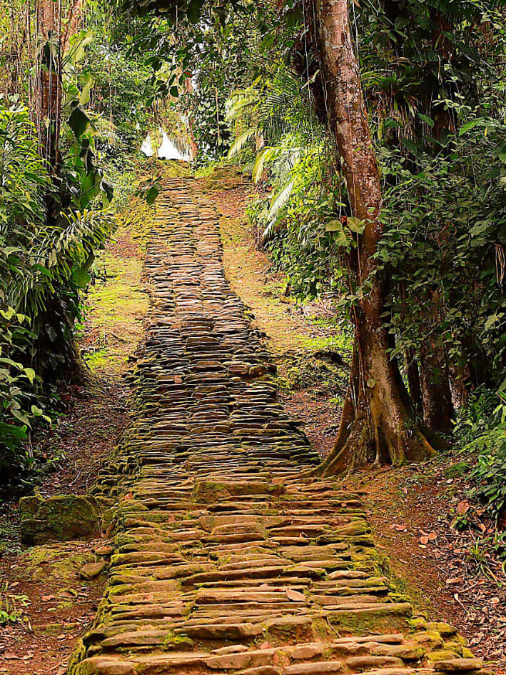 Small group of hikers with indigenous guide at Ciudad Perdida stone terraces at sunrise