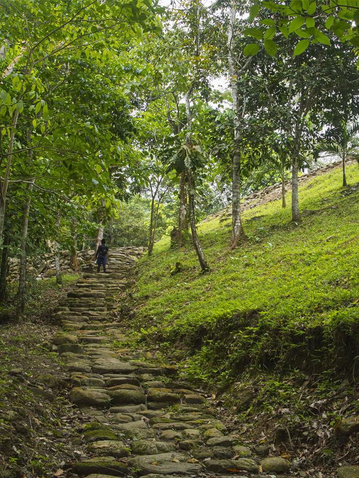Ancient stone pathway leading to circular terraces during Bunkuany archaeological trekking tour, Sierra Nevada